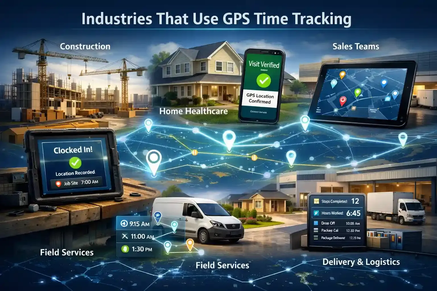 GPS time tracking industries dashboard showing construction, healthcare, sales, logistics